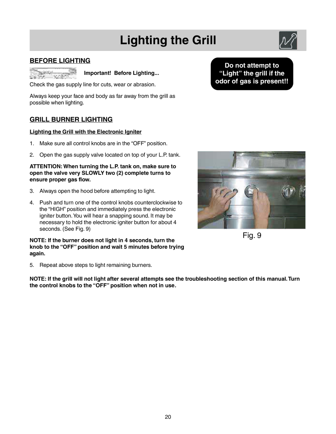 Frigidaire Grill with Electronic Ignition warranty Lighting the Grill, Before Lighting, Grill Burner Lighting 