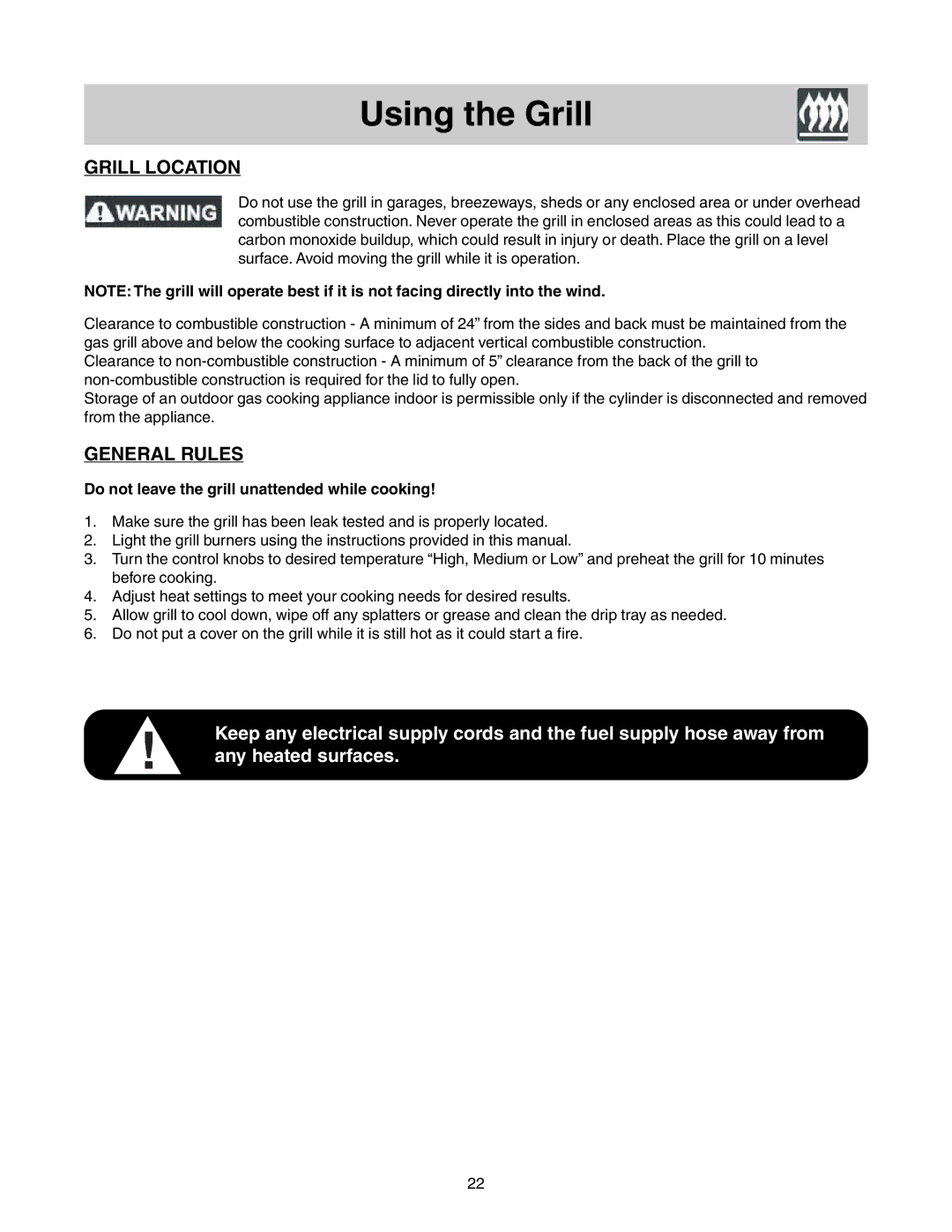 Frigidaire Grill with Electronic Ignition warranty Using the Grill, Grill Location, General Rules 