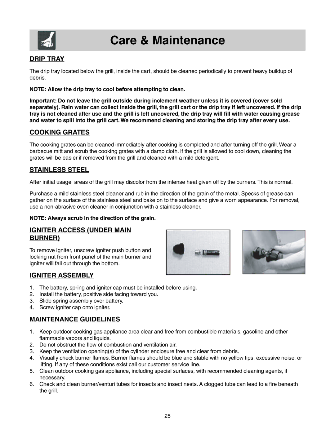 Frigidaire Grill with Electronic Ignition warranty Care & Maintenance 