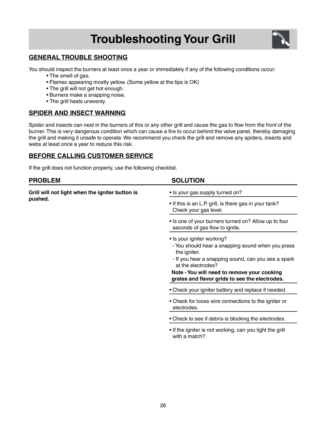 Frigidaire Grill with Electronic Ignition Troubleshooting Your Grill, General Trouble Shooting, Spider and Insect Warning 