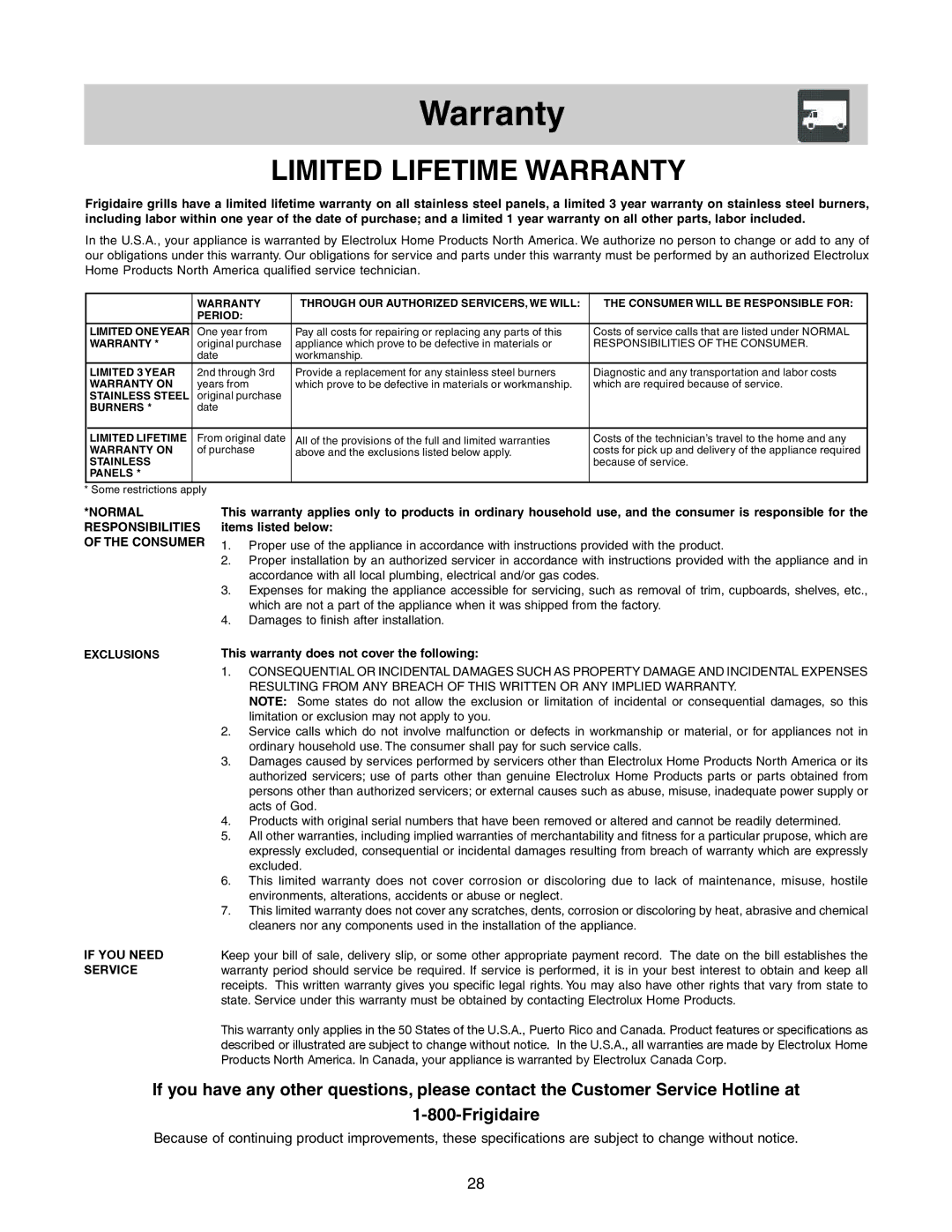 Frigidaire Grill with Electronic Ignition warranty Limited Lifetime Warranty 