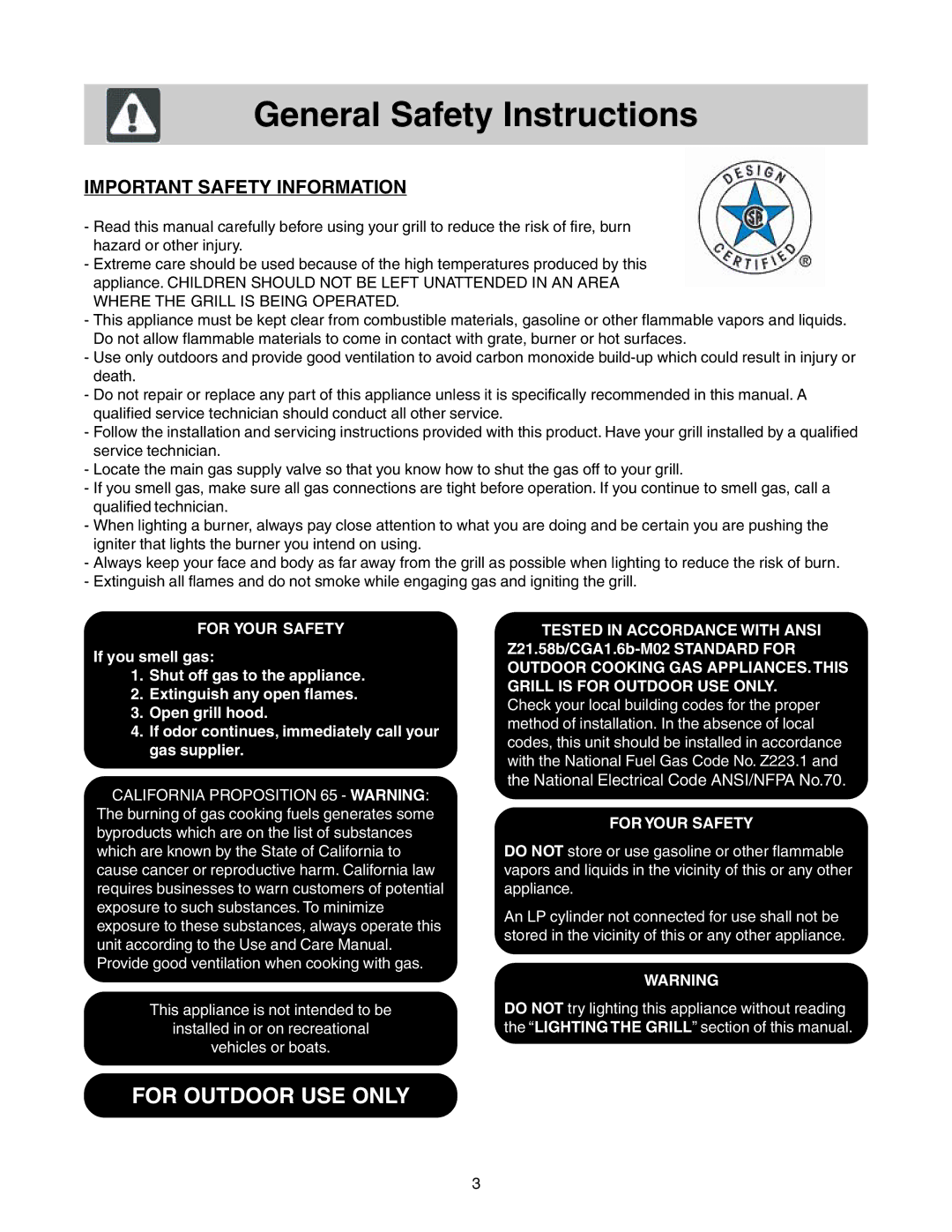 Frigidaire Grill with Electronic Ignition warranty General Safety Instructions, Important Safety Information 