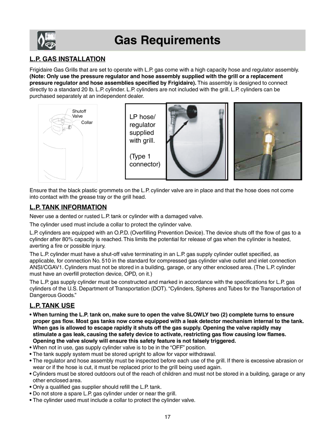 Frigidaire Grill with Electronic Ignition warranty GAS Installation, Tank Information, Tank USE 