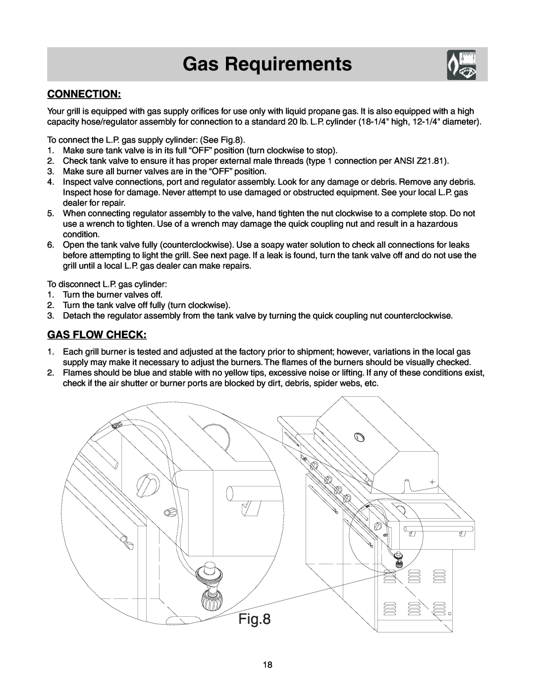 Frigidaire Grill with Electronic Ignition warranty Gas Requirements, Connection, Gas Flow Check 