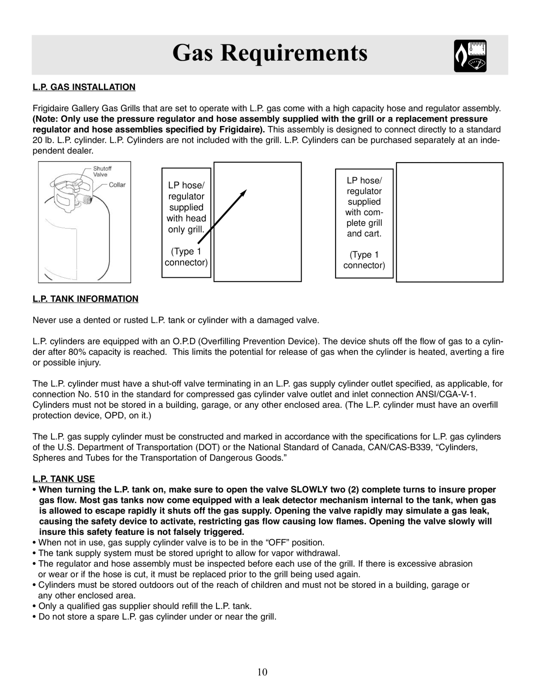 Frigidaire Grill warranty GAS Installation, Tank Information, Tank USE 