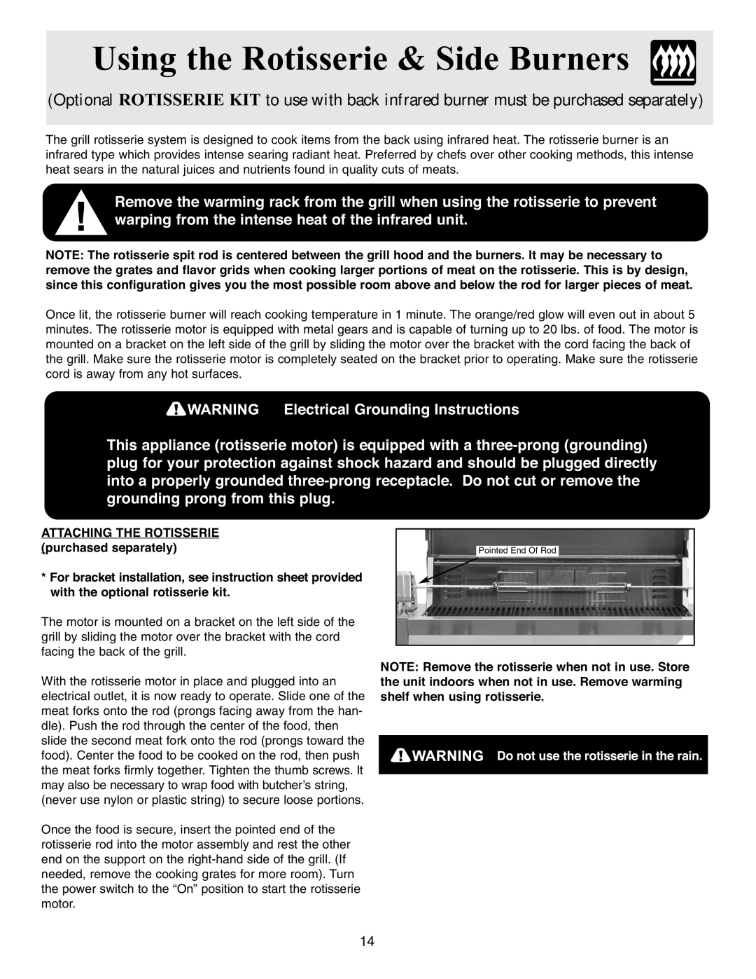 Frigidaire Grill warranty Using the Rotisserie & Side Burners, Warping from the intense heat of the infrared unit 