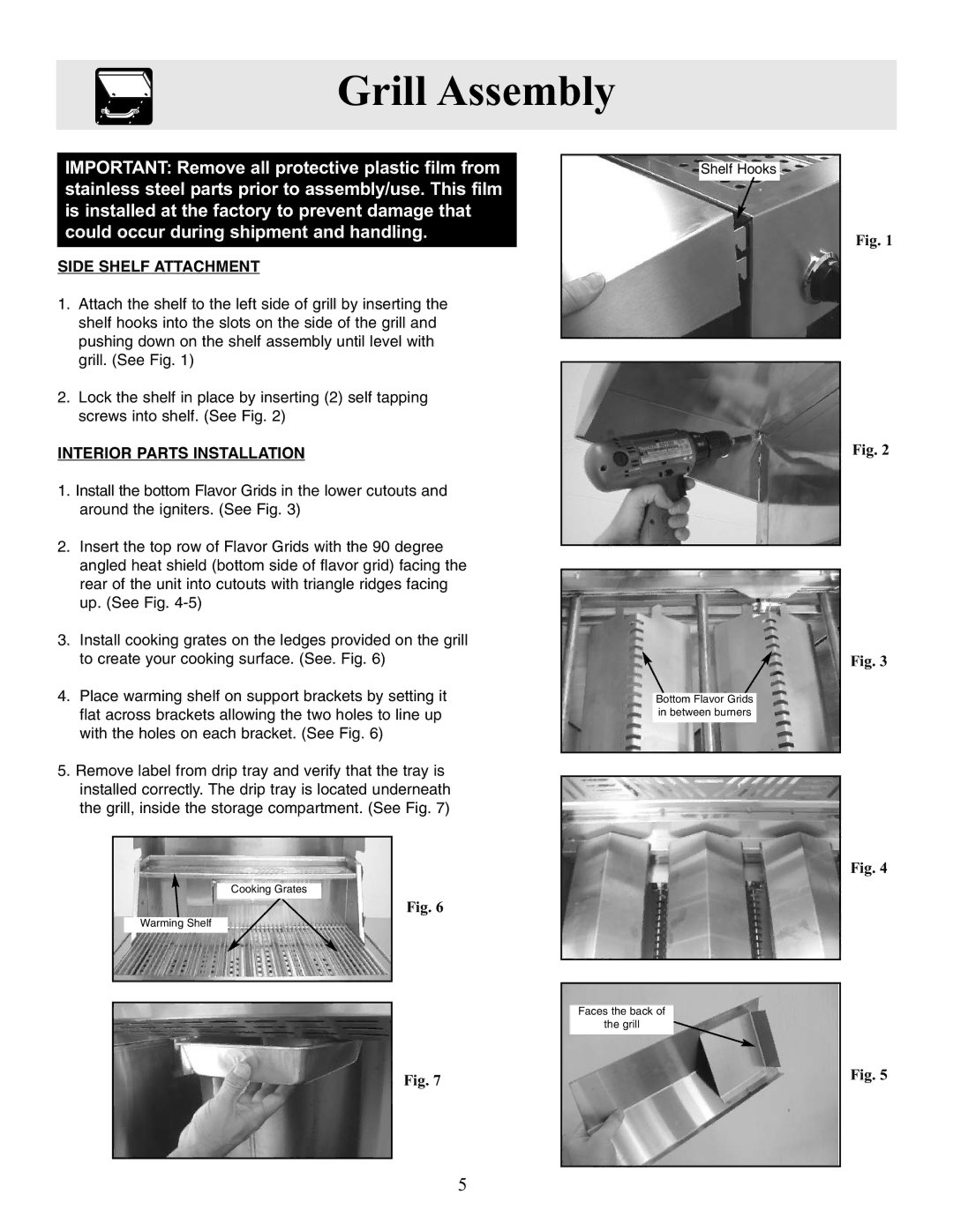 Frigidaire warranty Grill Assembly, Side Shelf Attachment, Interior Parts Installation 