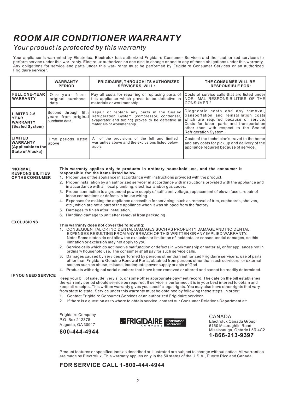 Frigidaire HEAVY DUTY AIR CONDITIONER manual Room AIR Conditioner Warranty, For Service Call 