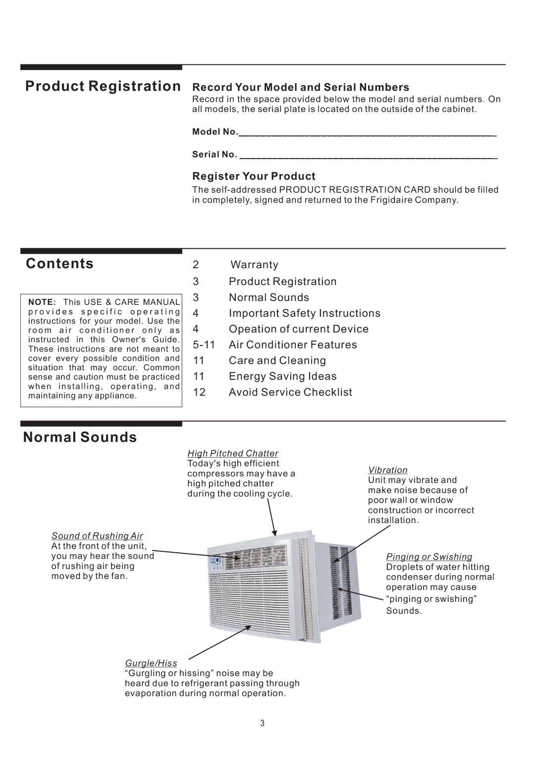 Frigidaire HEAVY DUTY AIR CONDITIONER manual Contents, Normal Sounds 