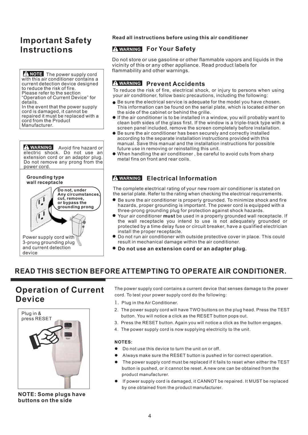 Frigidaire HEAVY DUTY AIR CONDITIONER manual Important Safety Instructions, Operation of Current Device, For Your Safety 