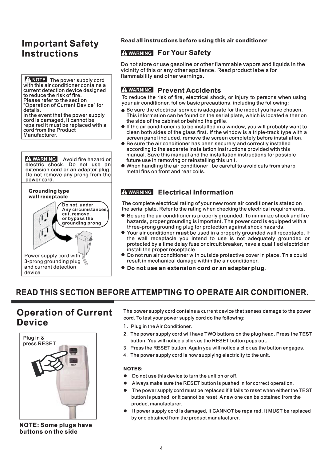 Frigidaire HEAVY DUTY AIR CONDITIONER manual Important Safety Instructions, Operation of Current Device, For Your Safety 