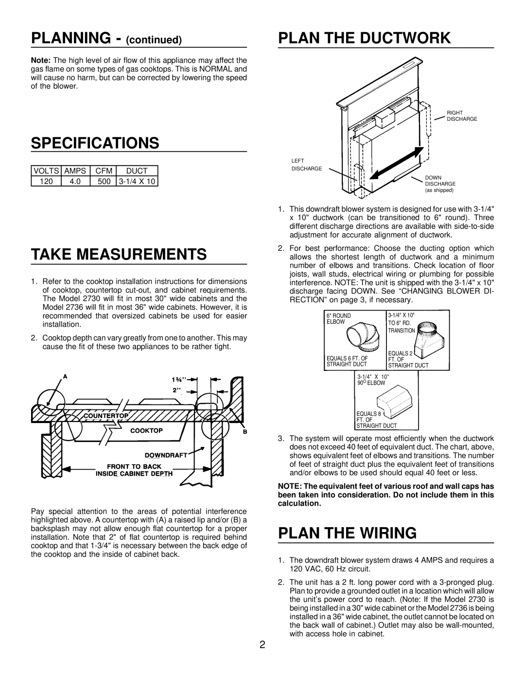 Frigidaire HV2736B, HV2730B warranty Specifications, Take Measurements, Plan the Ductwork, Plan the Wiring, 120 500 4 X 