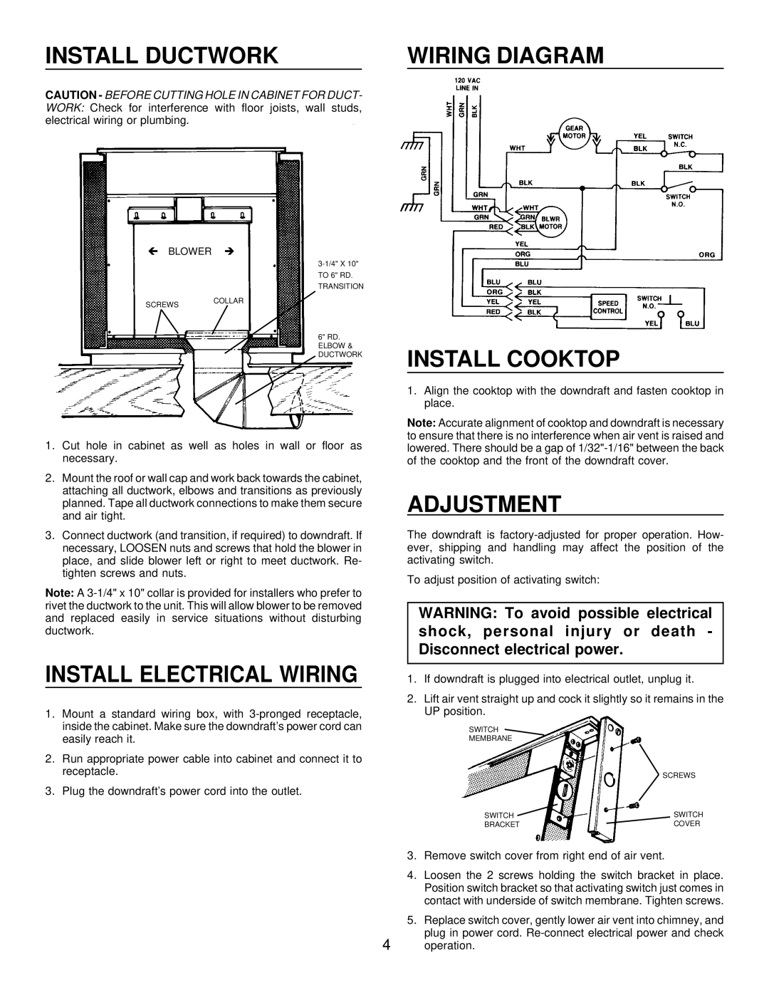 Frigidaire HV2736B, HV2730B warranty Install Ductwork Wiring Diagram, Install Cooktop, Install Electrical Wiring, Adjustment 