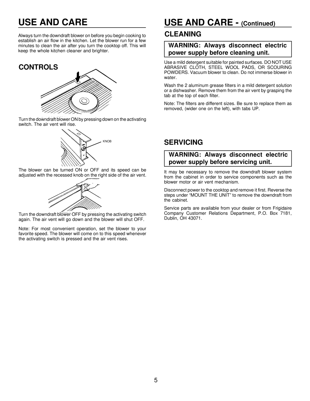 Frigidaire HV2730B, HV2736B warranty USE and Care, Controls 