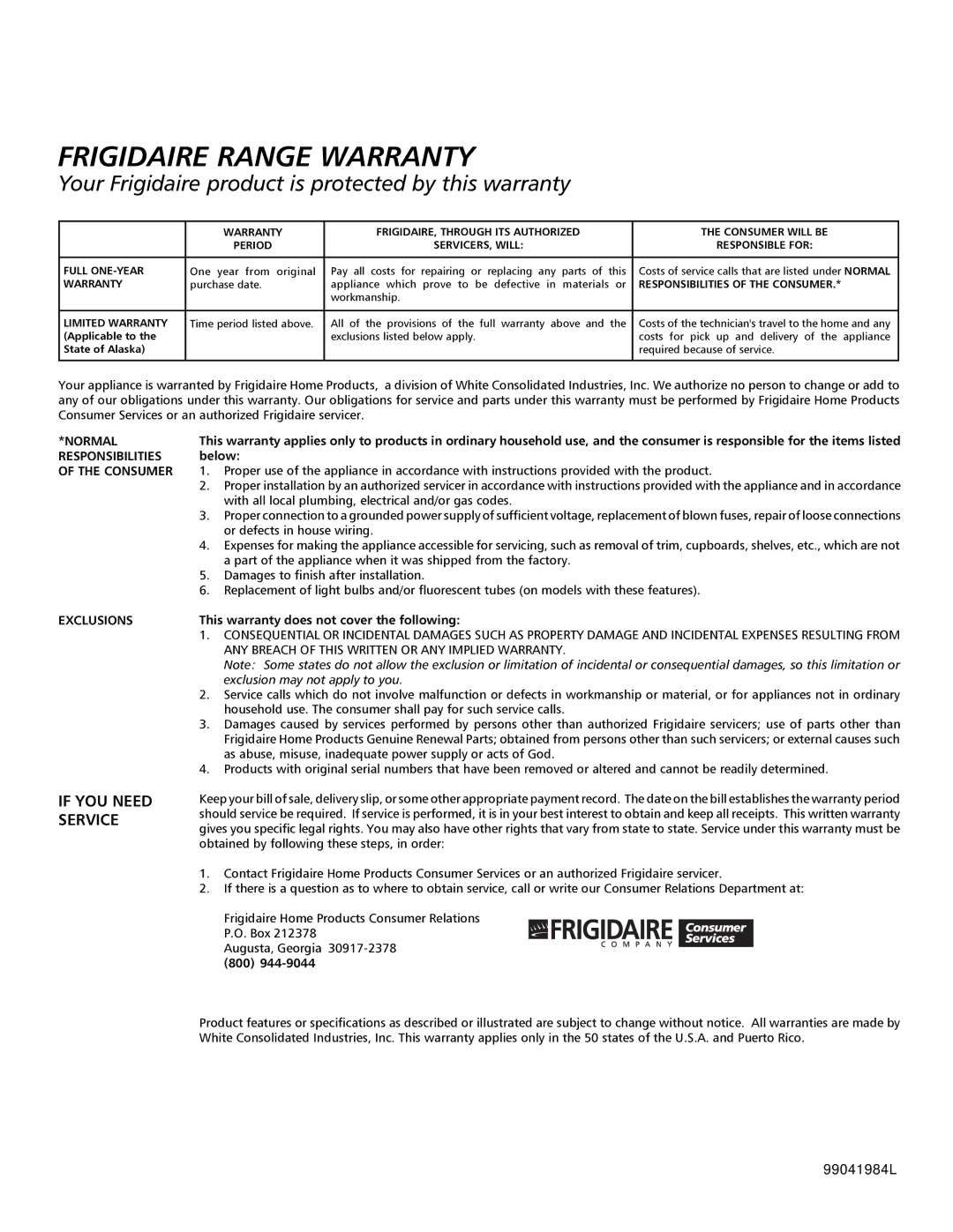 Frigidaire HV2736B, HV2730B warranty Frigidaire Range Warranty, 99041984L 