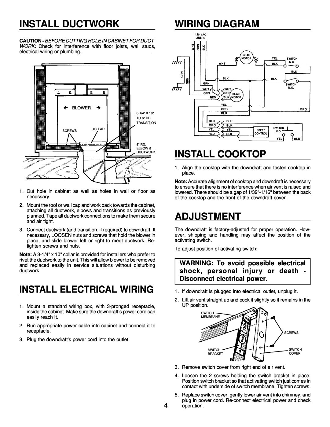 Frigidaire HV2736B, HV2730B Install Ductwork, Wiring Diagram, Install Cooktop, Install Electrical Wiring, Adjustment 