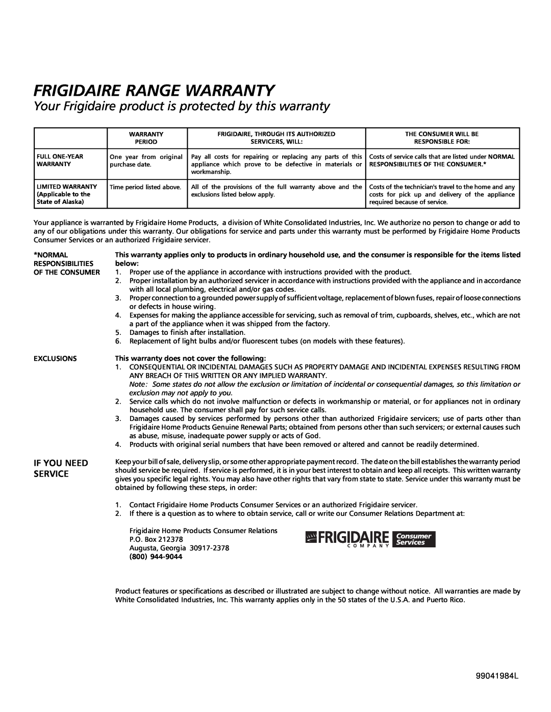 Frigidaire HV2736B Frigidaire Range Warranty, If You Need Service, Normal, Responsibilities, below, Of The Consumer 