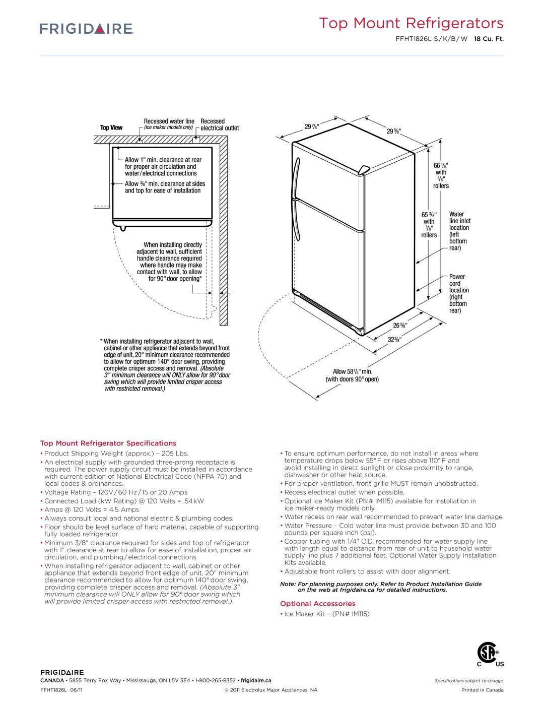 Frigidaire IM115 dimensions Top Mount Refrigerator Specifications, Optional Accessories, FFHT1826L S / K/B / W 18 Cu. Ft 