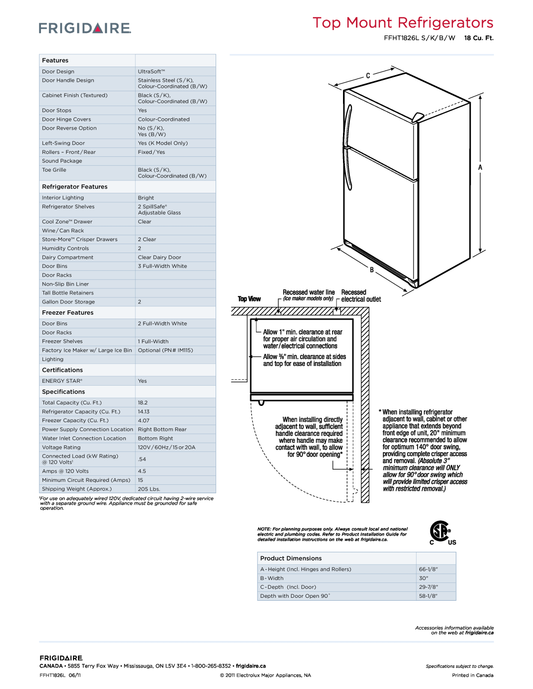 Frigidaire IM115 dimensions Top Mount Refrigerators, FFHT1826L S / K/ B / W 18 Cu. Ft 