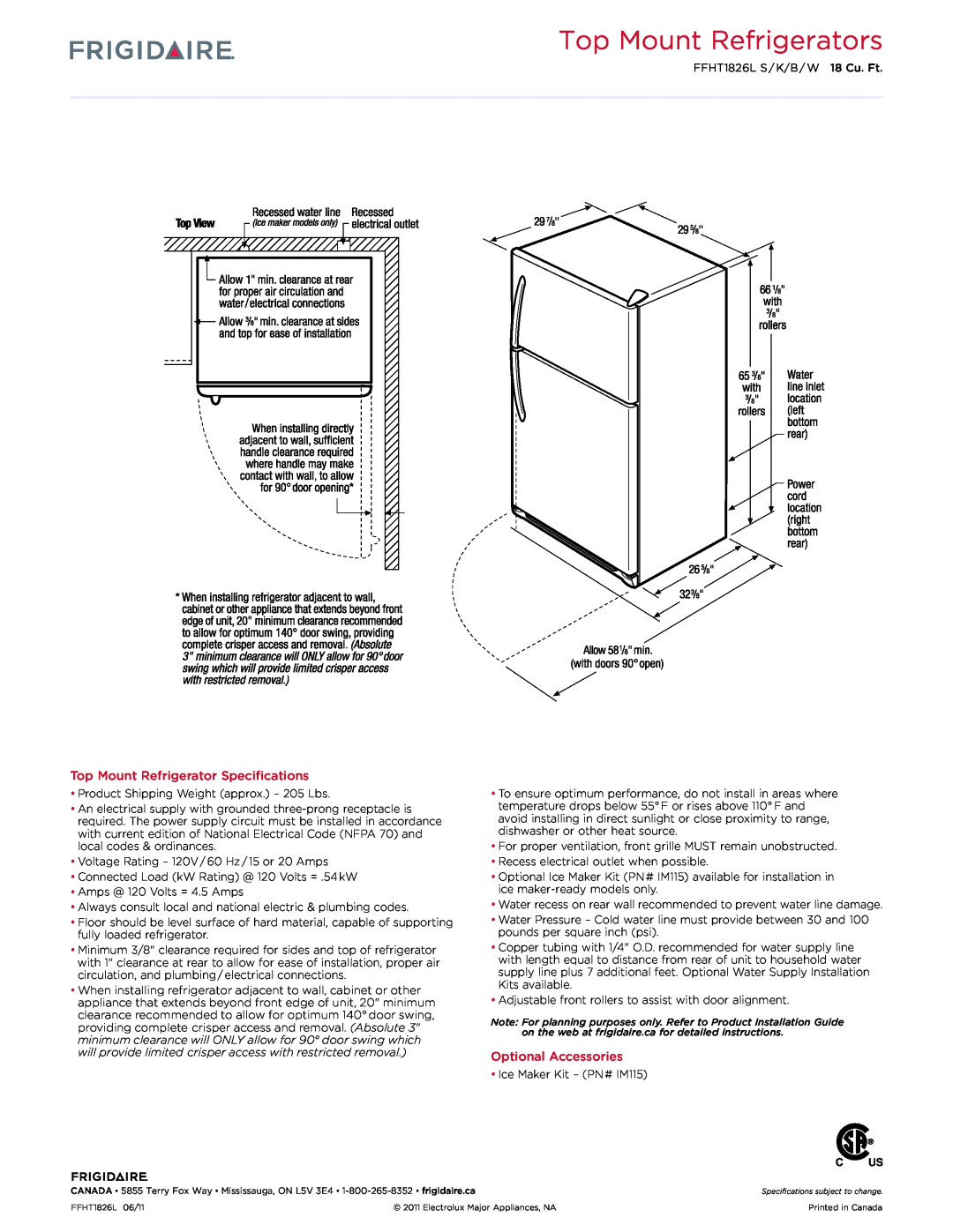 Frigidaire IM115 dimensions Top Mount Refrigerators, Top Mount Refrigerator Specifications, Optional Accessories 