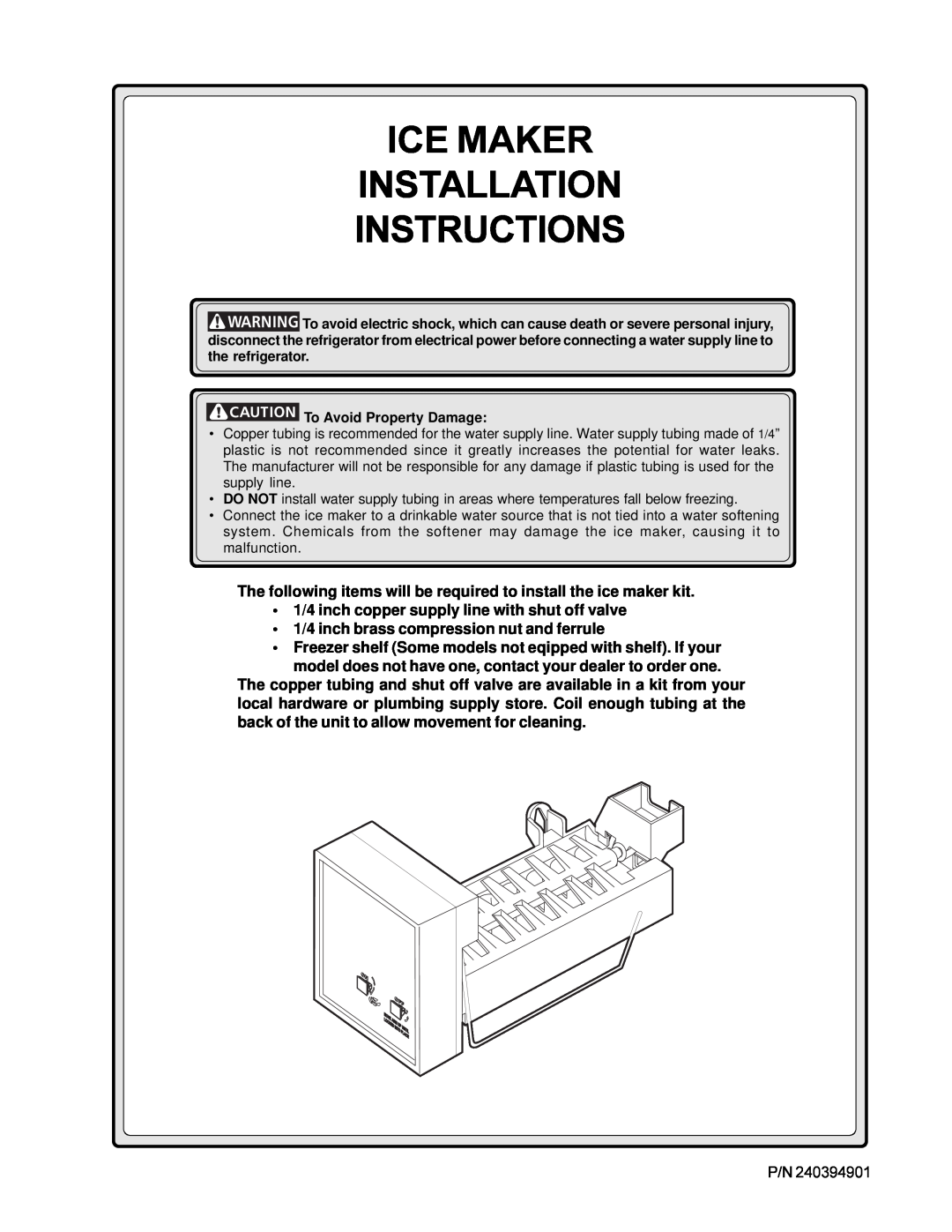Frigidaire IM115 installation instructions Ice Maker Installation Instructions, 1/4 inch brass compression nut and ferrule 