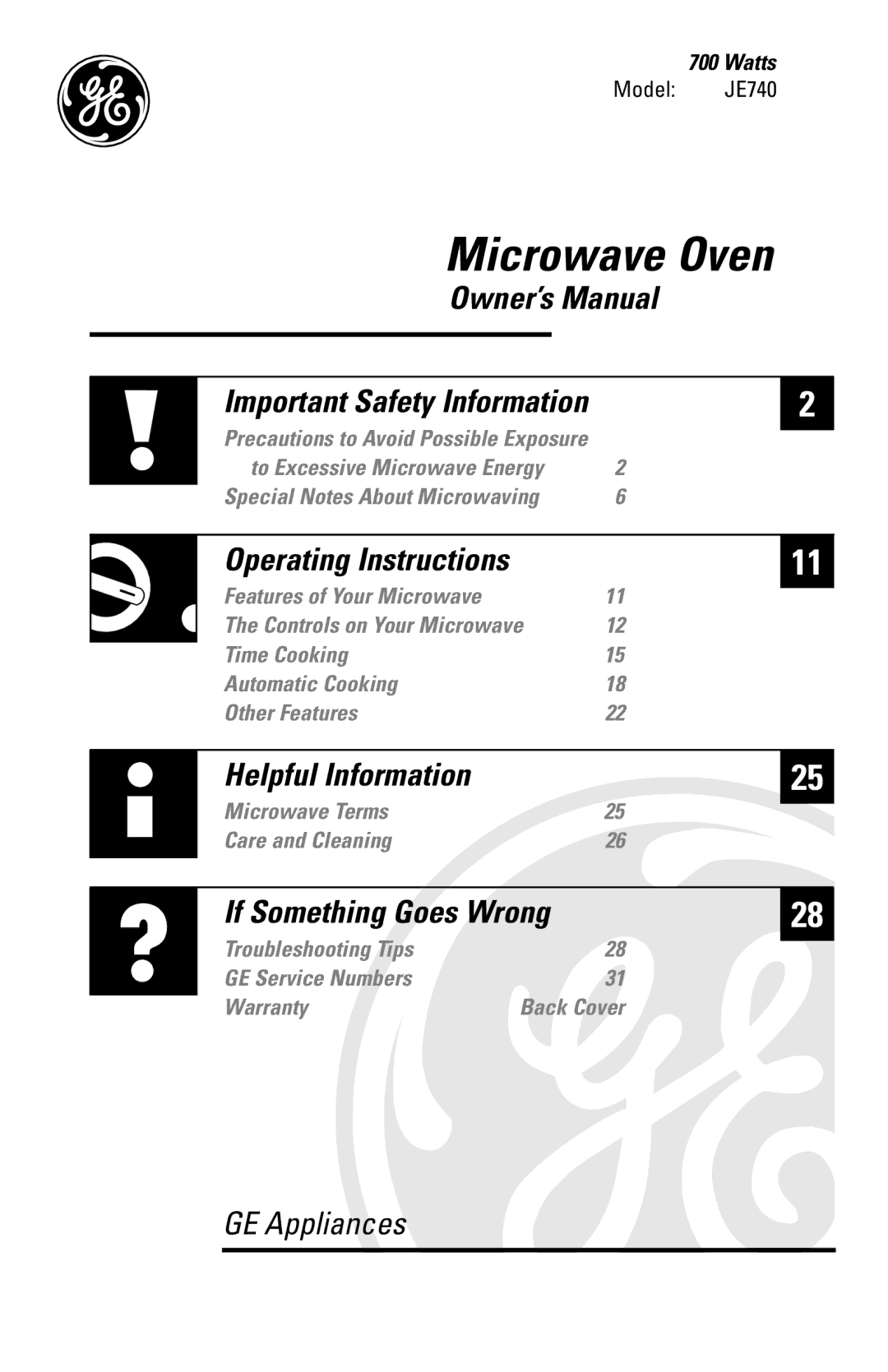 Frigidaire JE740 owner manual Microwave Oven 