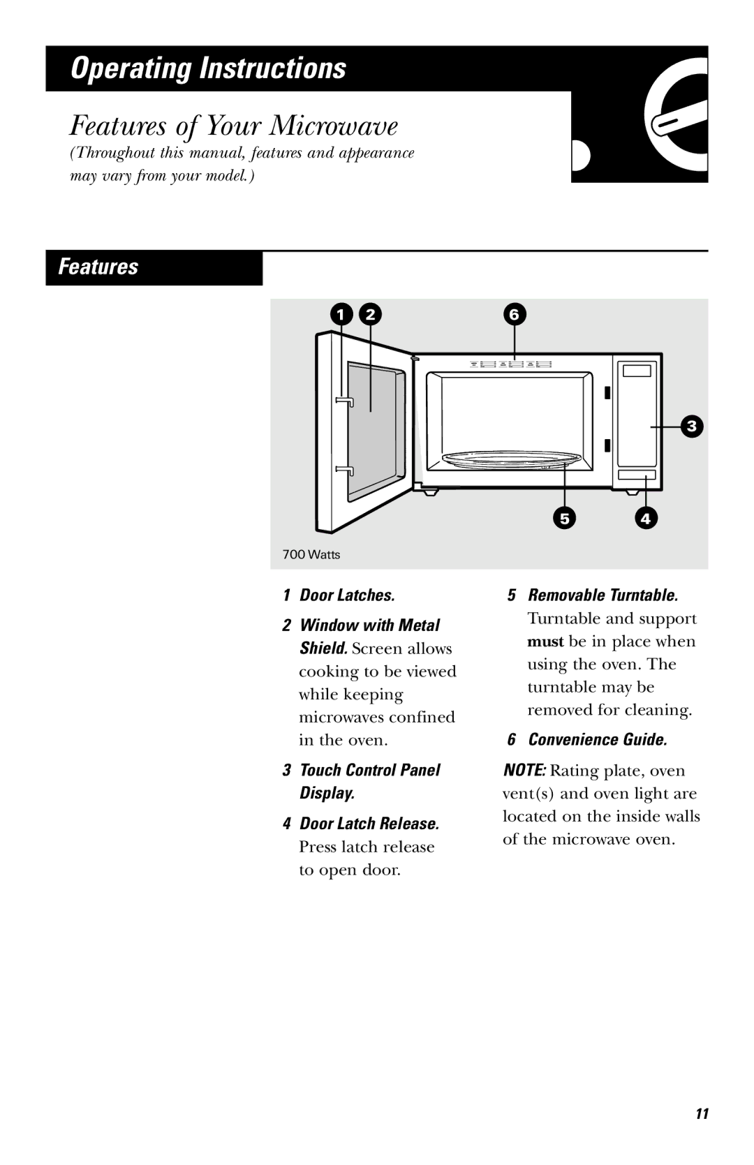 Frigidaire JE740 owner manual Operating Instructions, Features of Your Microwave, Removable Turntable, Convenience Guide 