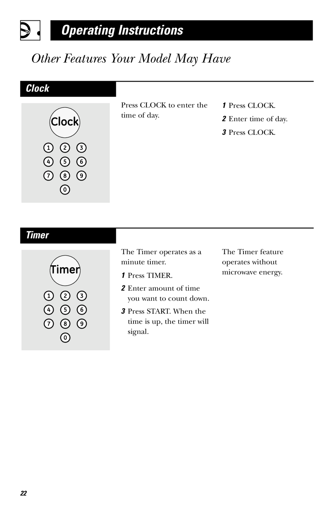 Frigidaire JE740 owner manual Other Features Your Model May Have, Clock, Timer 