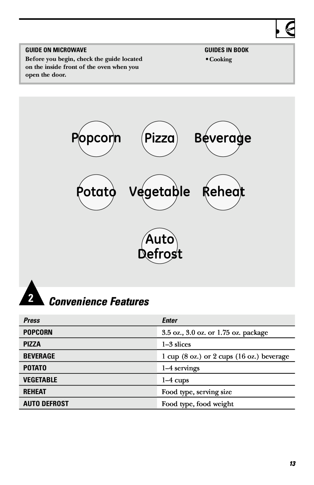 Frigidaire JE740 2Convenience Features, Press, Enter, Popcorn, Pizza, Beverage, Potato, Vegetable, Reheat, Auto Defrost 