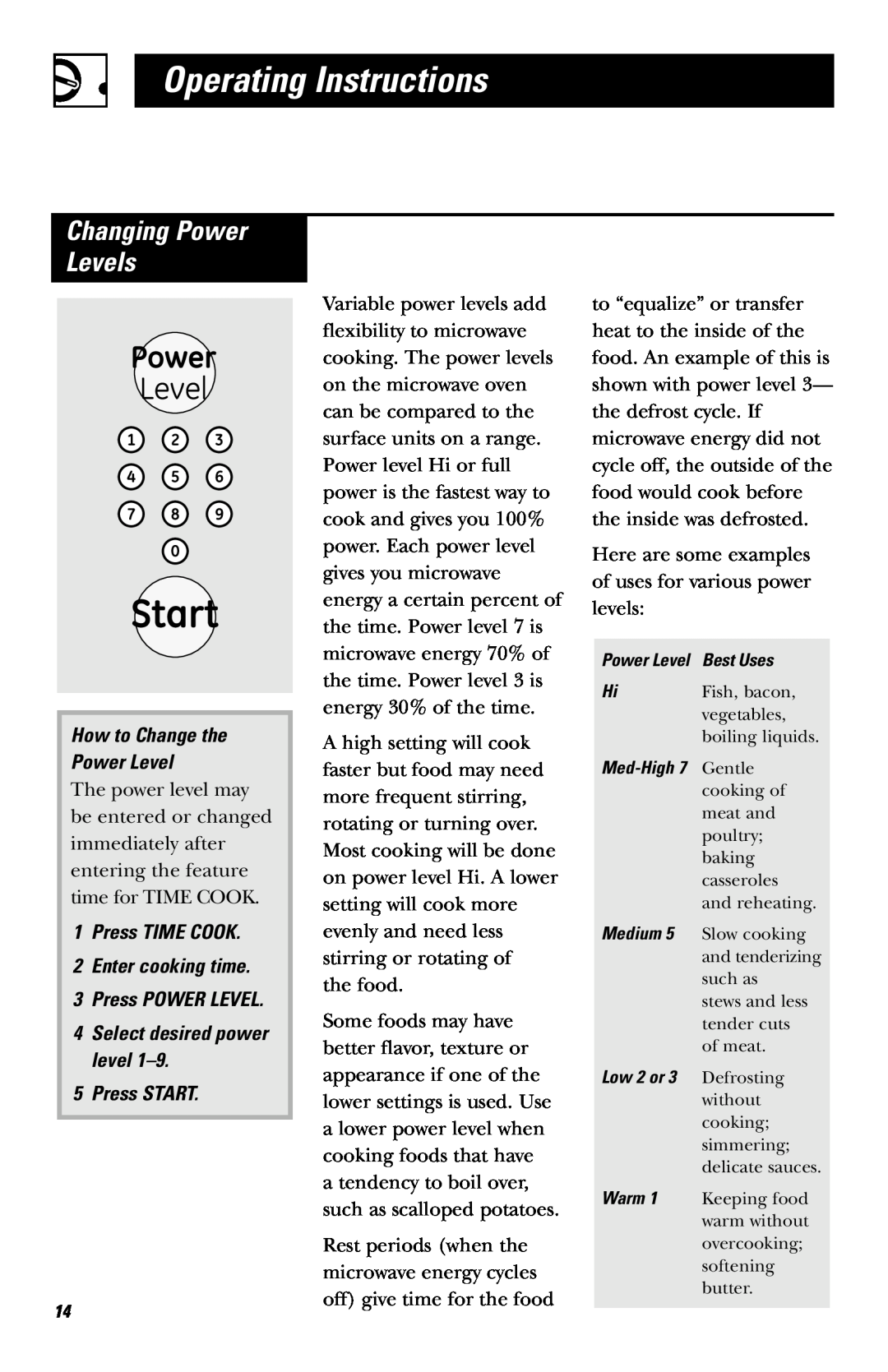 Frigidaire JE740 Changing Power Levels, Operating Instructions, How to Change the Power Level, 3Press POWER LEVEL 