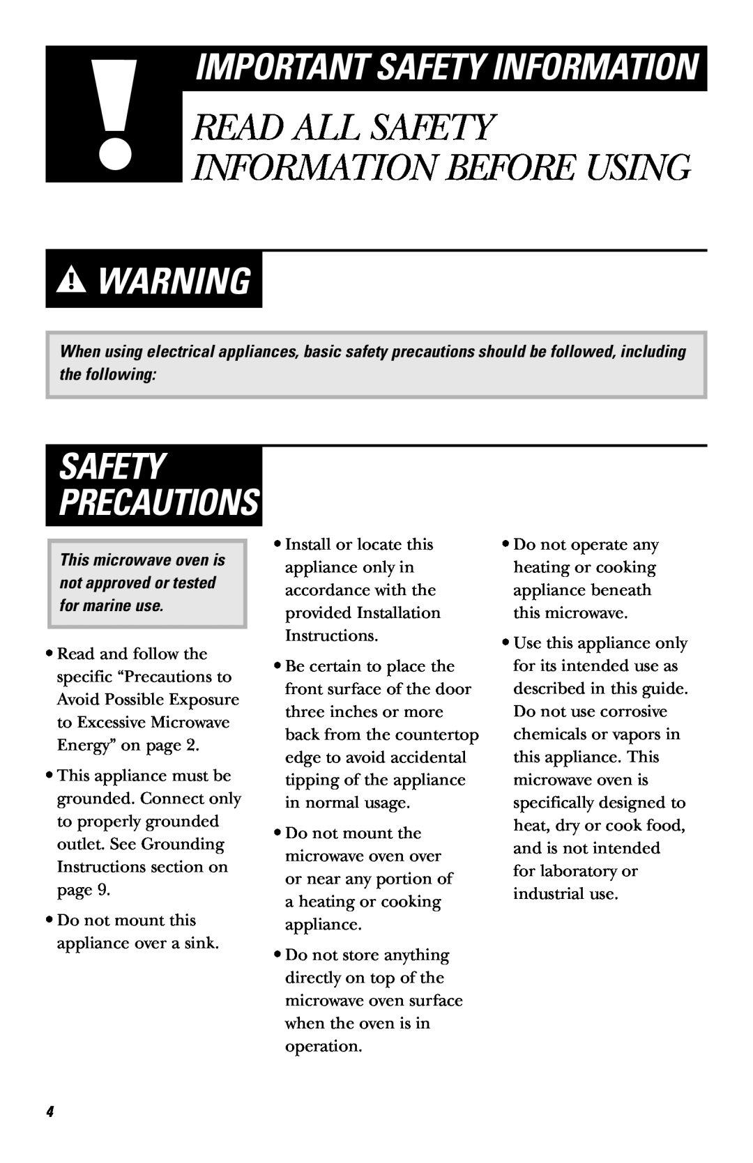 Frigidaire JE740 owner manual Safety Precautions, Important Safety Information, Read All Safety Information Before Using 