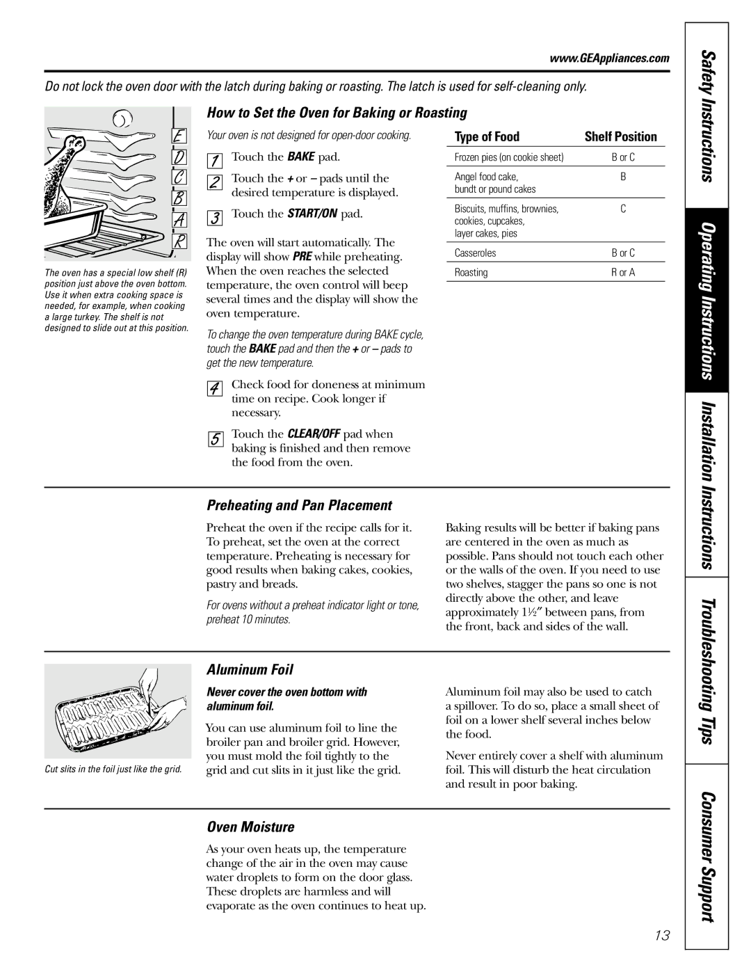 Frigidaire JGBP28, JGBP26 Tips, How to Set the Oven for Baking or Roasting, Preheating and Pan Placement, Aluminum Foil 