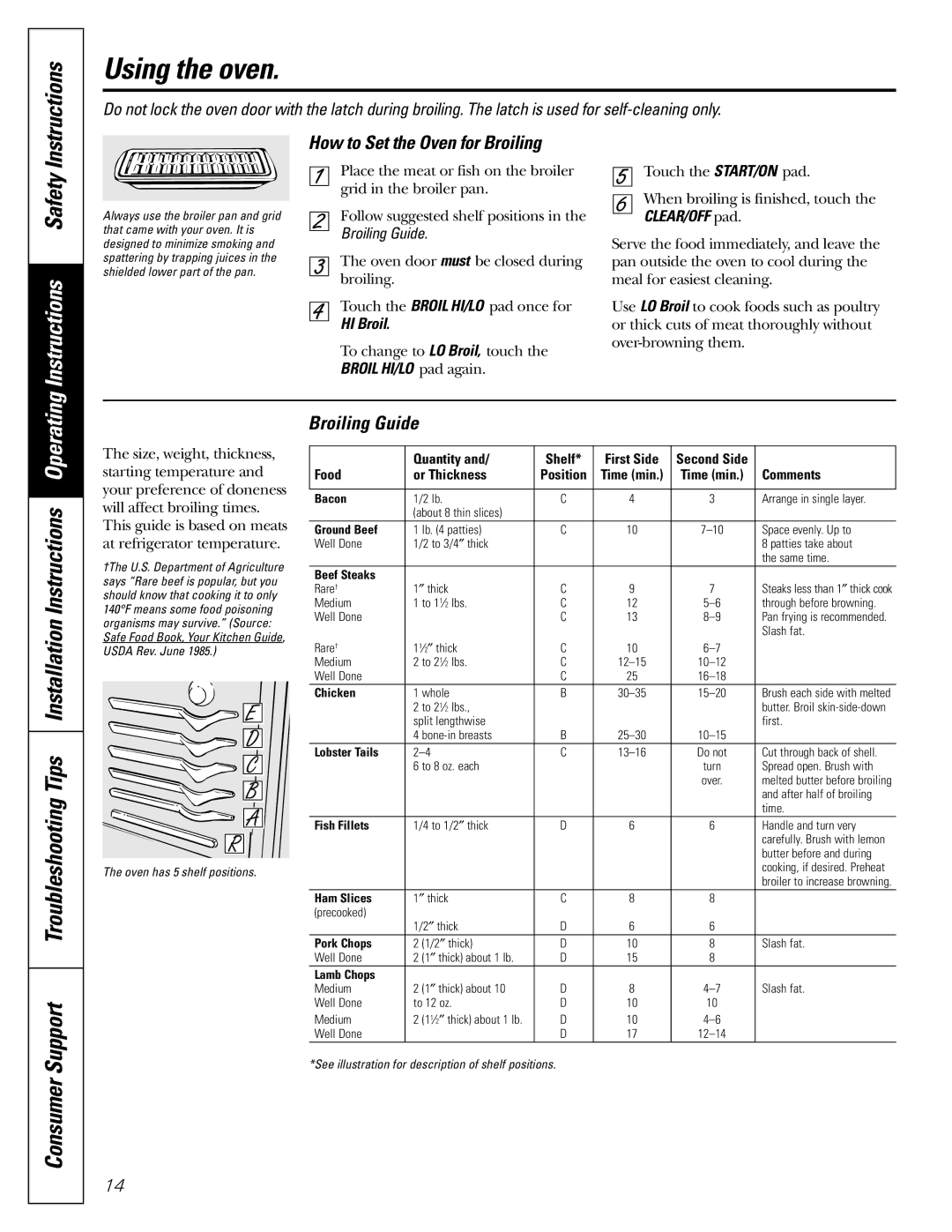 Frigidaire RGB790, JGBP26, RGB740 RGB745, JGBP33, JGBP32, JGBP28 How to Set the Oven for Broiling, Broiling Guide, HI Broil 