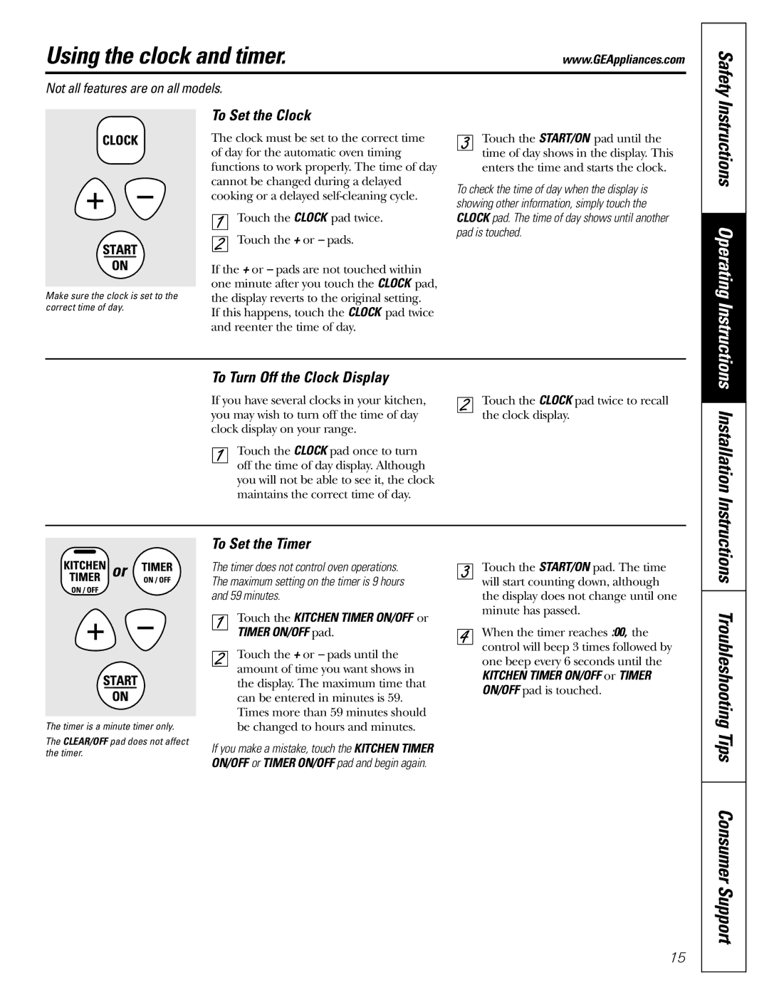 Frigidaire JGBP29, JGBP26 Using the clock and timer, Installation, Instructions Troubleshooting Tips Consumer Support 