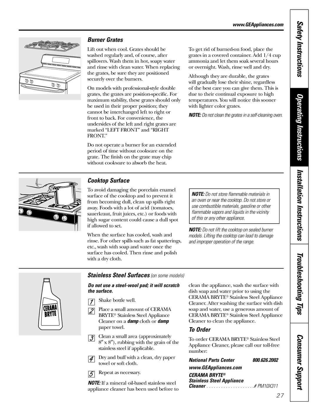 Frigidaire JGBP26, RGB740 RGB745, JGBP33, JGBP32, JGBP28 Installation Instructions, Burner Grates, Cooktop Surface, To Order 