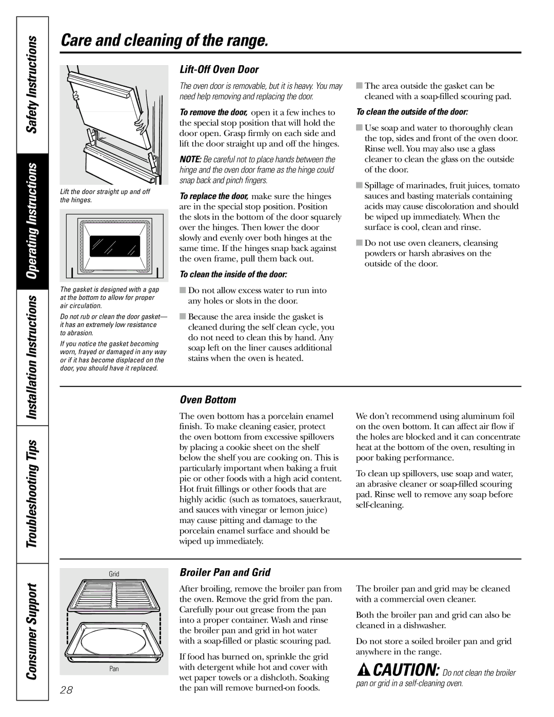 Frigidaire RGB740 RGB745, JGBP26, JGBP33, JGBP32 Troubleshooting Tips, Lift-Off Oven Door, Oven Bottom, Broiler Pan and Grid 