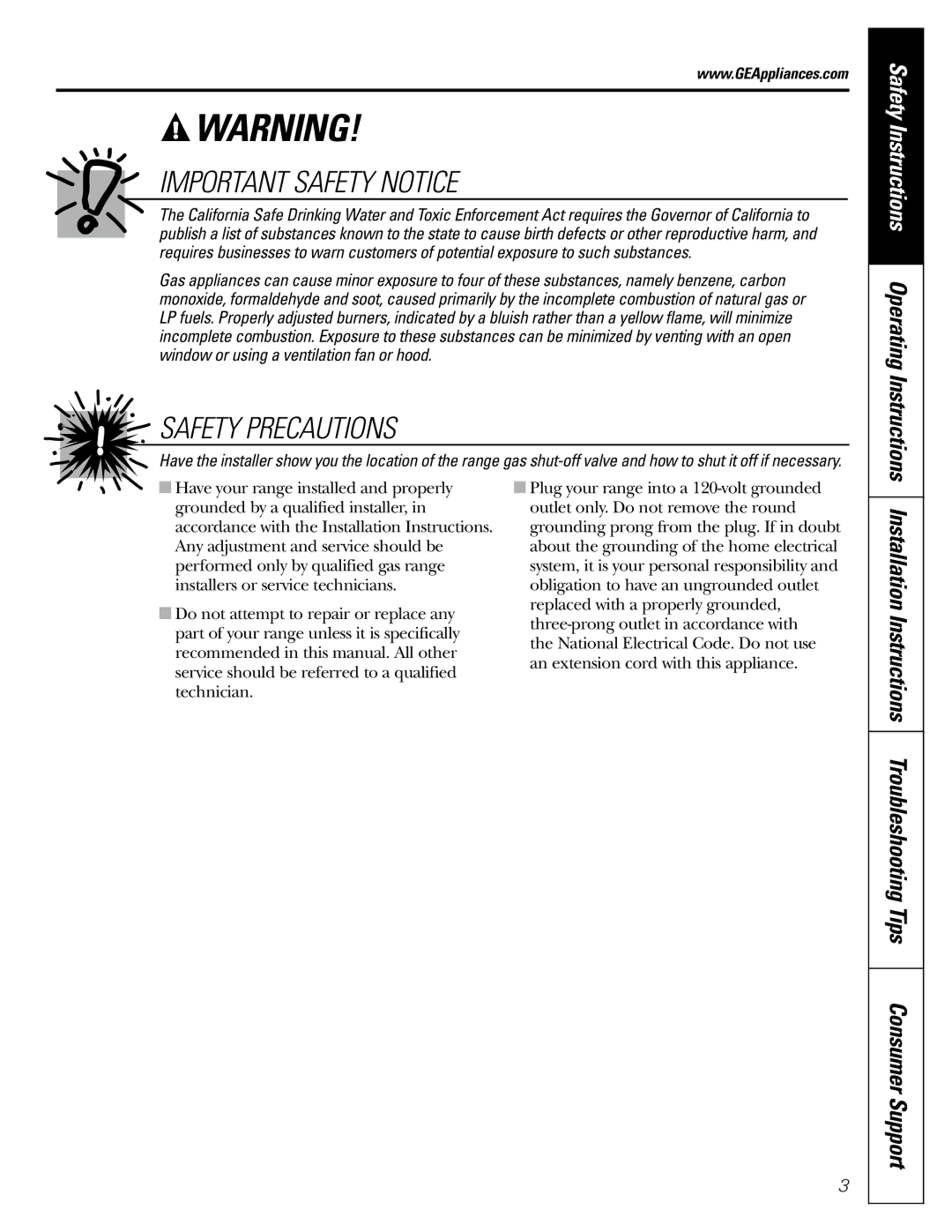 Frigidaire JGBP32, JGBP26, RGB740 RGB745, JGBP33, JGBP28 Important Safety Notice, Safety Instructions Operating Instructions 