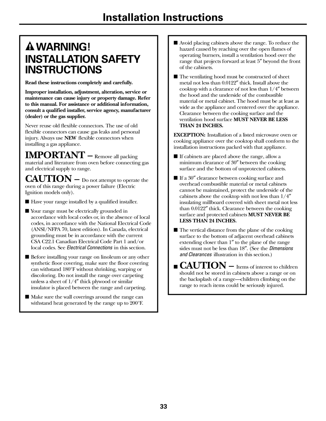 Frigidaire JGBP29, JGBP26, RGB740 RGB745, JGBP33, JGBP32, JGBP28, RGB790, JGBP24, RGB746 Installation Instructions 