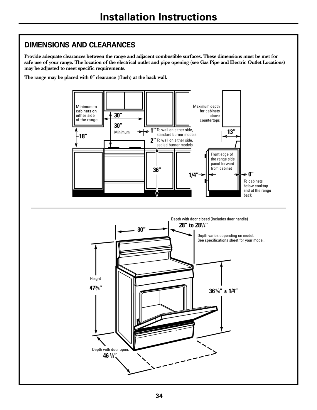 Frigidaire JGBP24, JGBP26, RGB740 RGB745, JGBP33, JGBP32, JGBP28, RGB790, JGBP29, RGB746 Dimensions and Clearances 