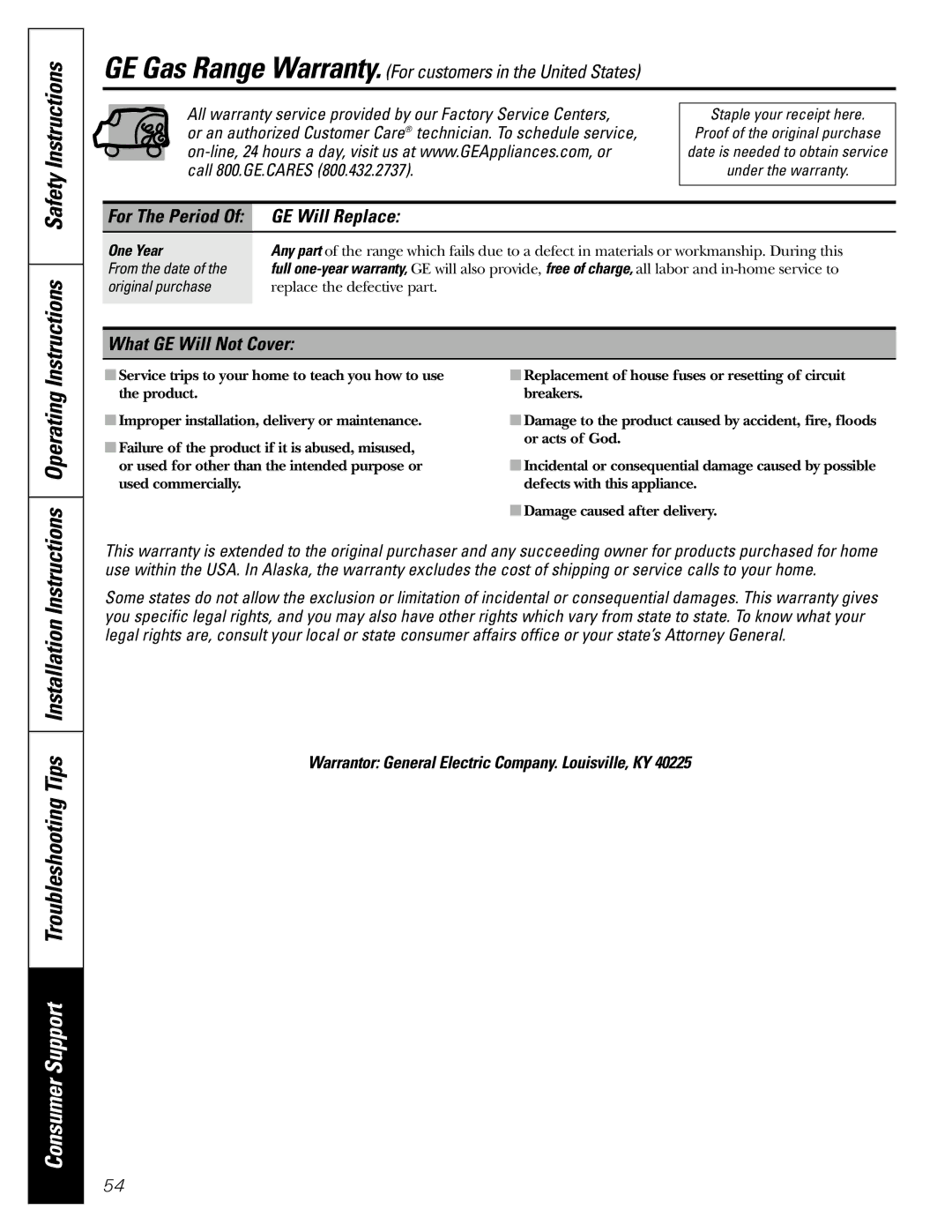 Frigidaire JGBP26, RGB740 RGB745 Instructions Safety Instructions, Operating, GE Will Replace, What GE Will Not Cover 