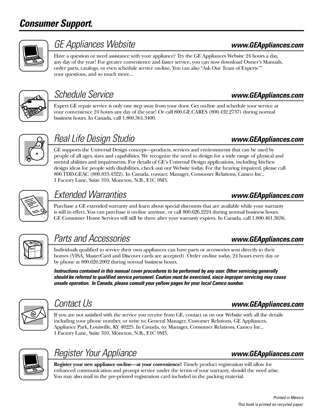 Frigidaire JGBP33 Consumer Support GE Appliances Website, Schedule Service, Real Life Design Studio, Extended Warranties 