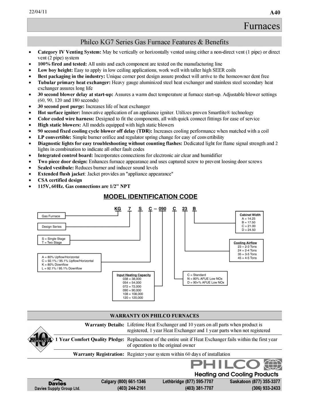 Frigidaire warranty Furnaces, Philco KG7 Series Gas Furnace Features & Benefits 