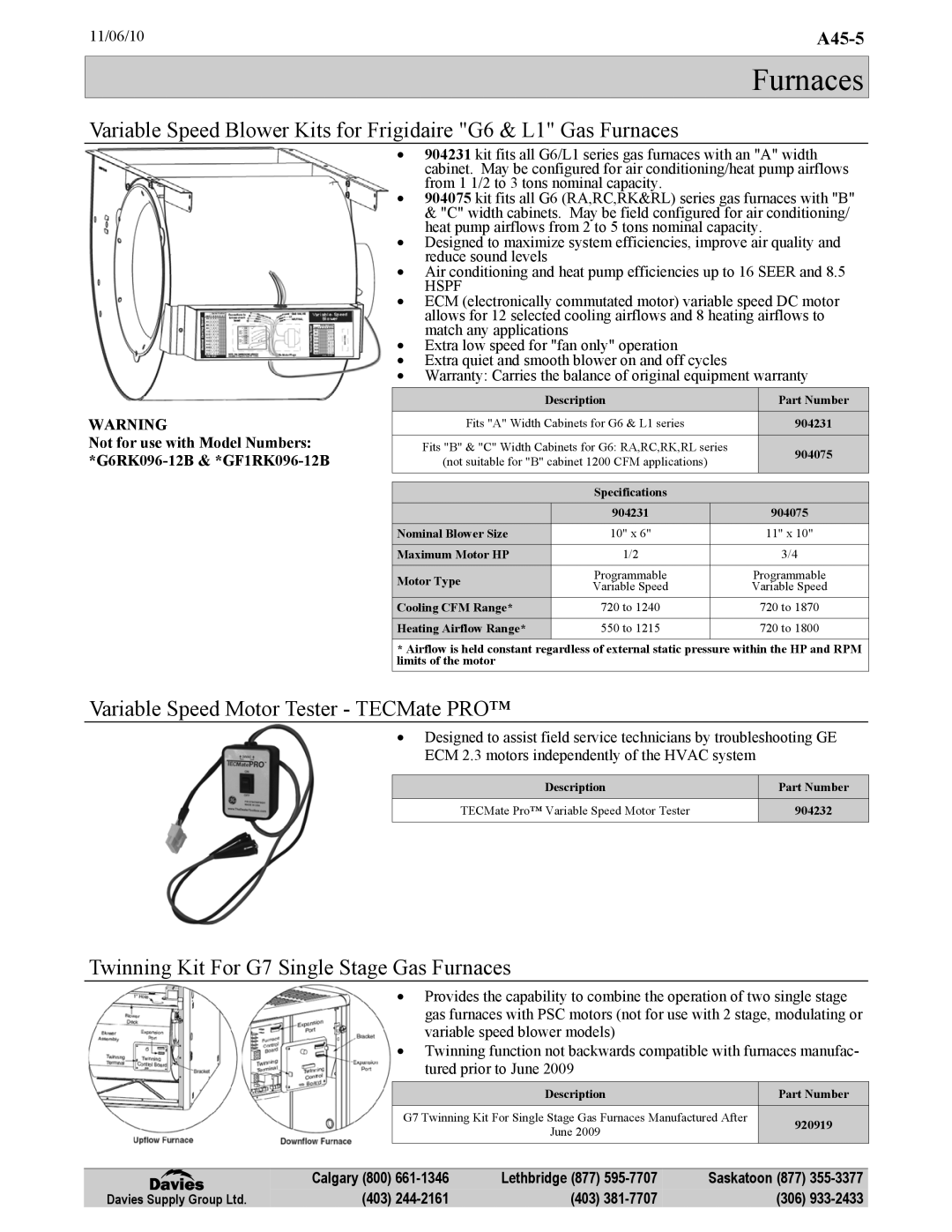 Frigidaire KG7 warranty Variable Speed Motor Tester TECMate PRO, Twinning Kit For G7 Single Stage Gas Furnaces 