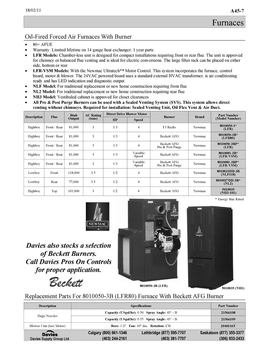 Frigidaire KG7 warranty Oil-Fired Forced Air Furnaces With Burner 