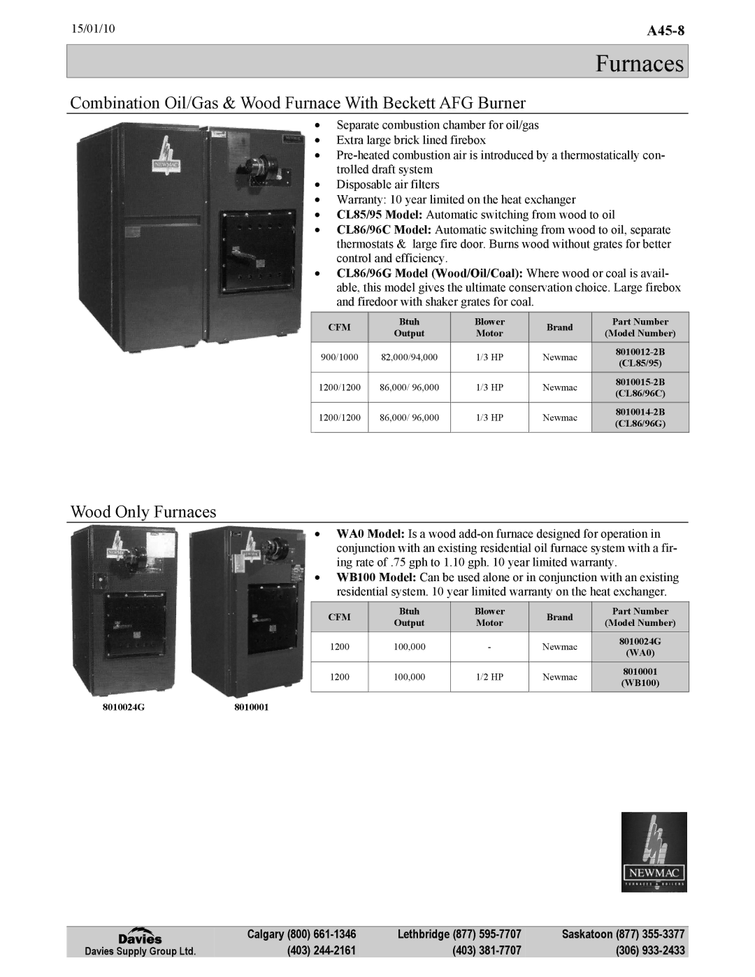 Frigidaire KG7 Combination Oil/Gas & Wood Furnace With Beckett AFG Burner, Wood Only Furnaces, 1200, 8010024G8010001 