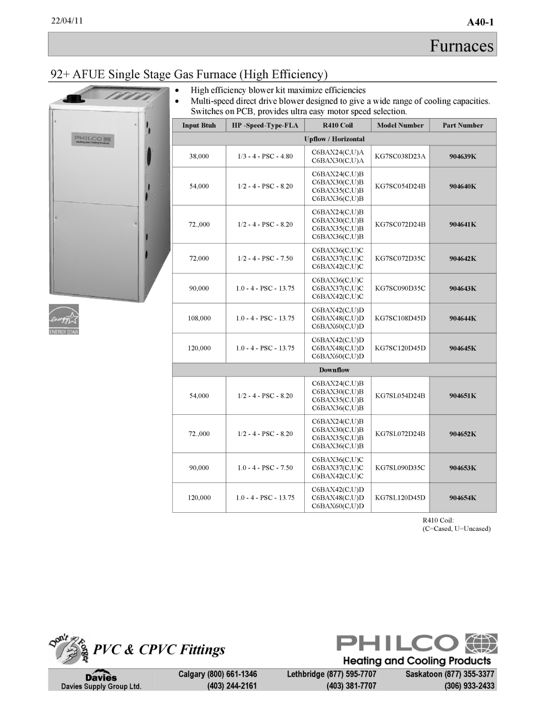 Frigidaire KG7 warranty 92+ Afue Single Stage Gas Furnace High Efficiency, Downflow 