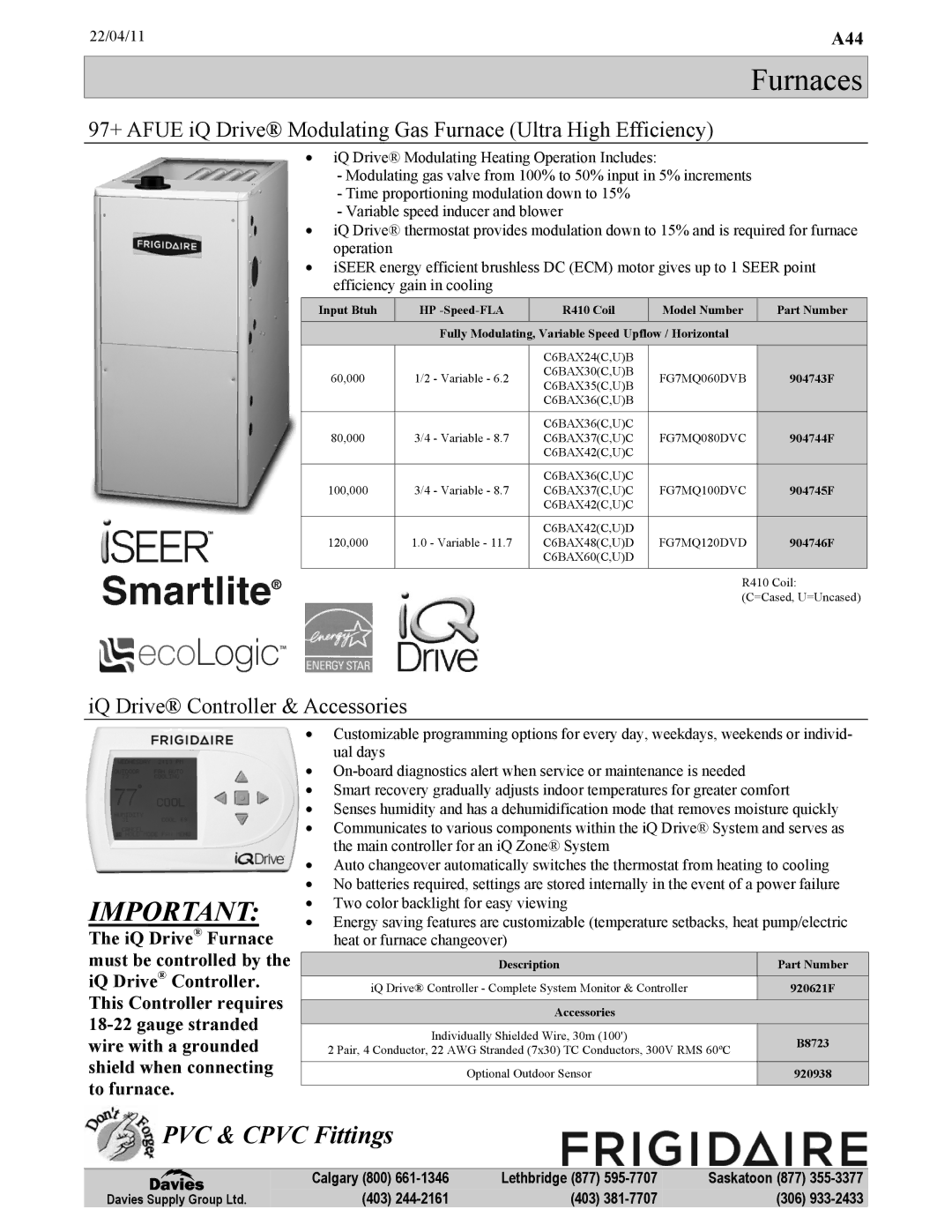 Frigidaire KG7 warranty IQ Drive Controller & Accessories, Input Btuh HP -Speed-FLA R410 Coil Model Number Part Number 