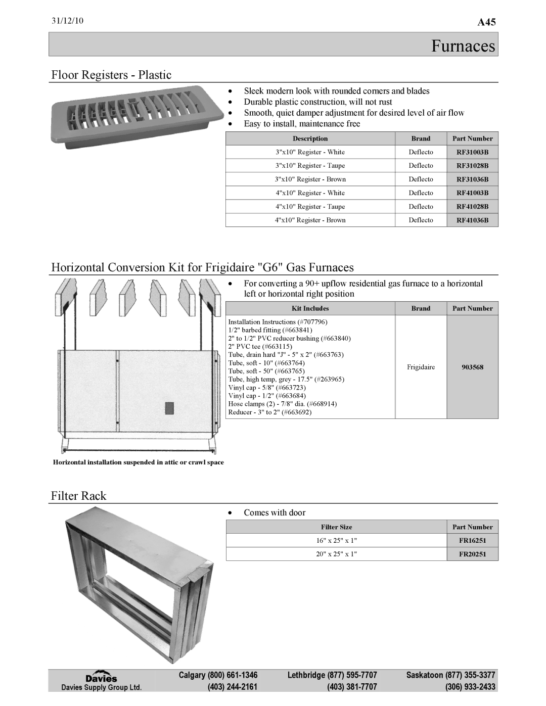 Frigidaire KG7 warranty Floor Registers Plastic, Horizontal Conversion Kit for Frigidaire G6 Gas Furnaces, Filter Rack 