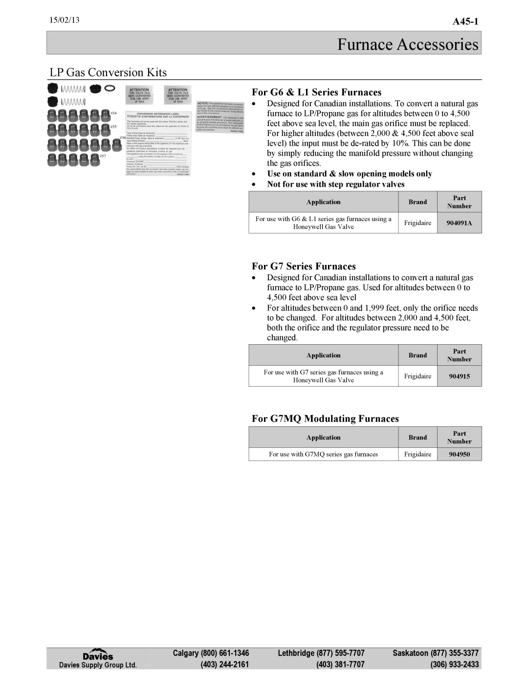 Frigidaire KG7 warranty Furnace Accessories, Application Brand Part 