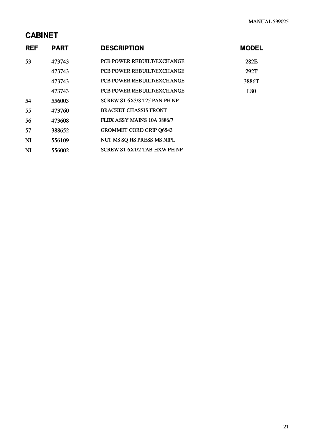 Frigidaire M80, L80, S80, 282E, 272S, 262M, 3886T, 3886M, 3886S, 292T manual Cabinet, Part, Description, Model, 473743 